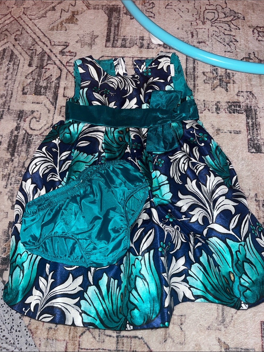 Gymboree Teal and Navy Floral Satin Dress with Waist Bow